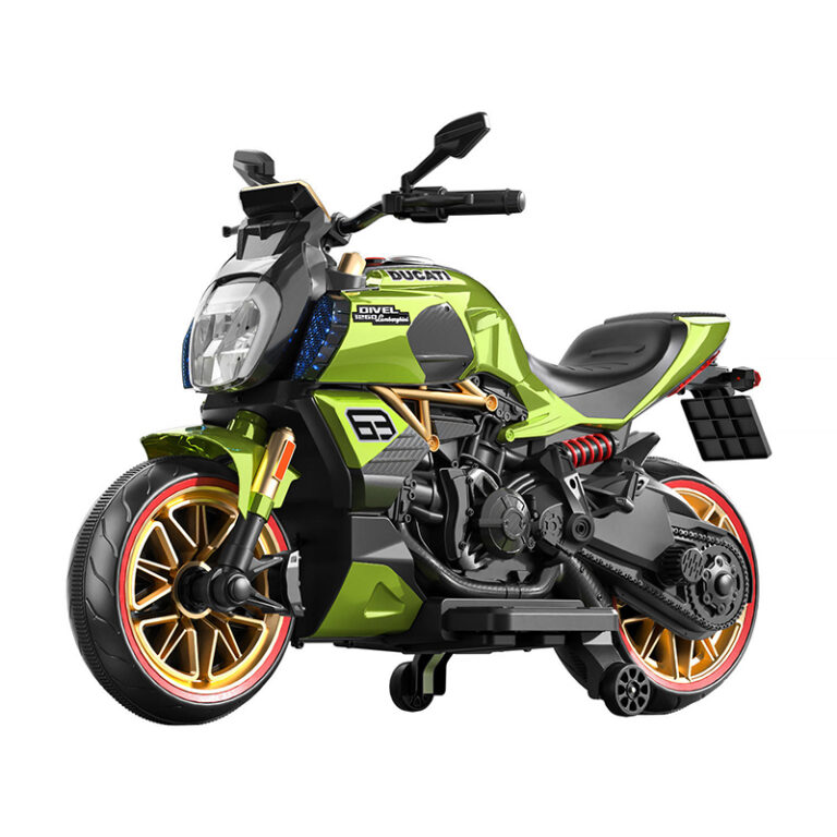 Green Kids Electric Motorcycle with LED Lights, Music Player, and Three-Wheel Stability