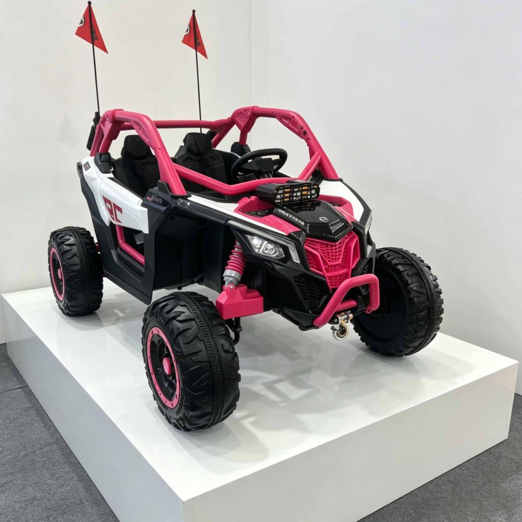 pink 2 seat kids off-road electric toy car with flags