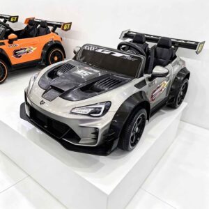 CA911 silver toy race car displayed on white platform