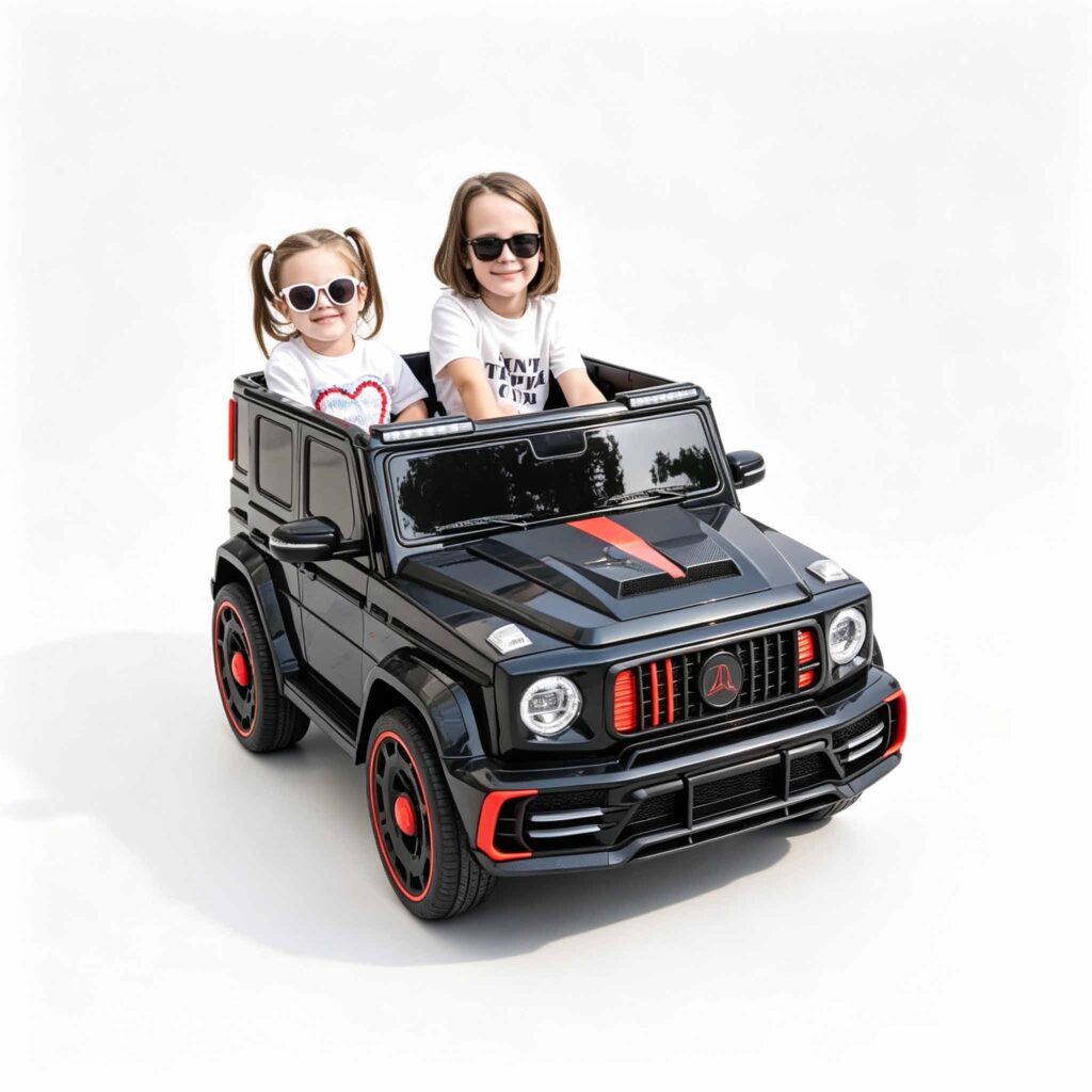 Kids Electric Ride On Car, Two children sitting inside black toy jeep
