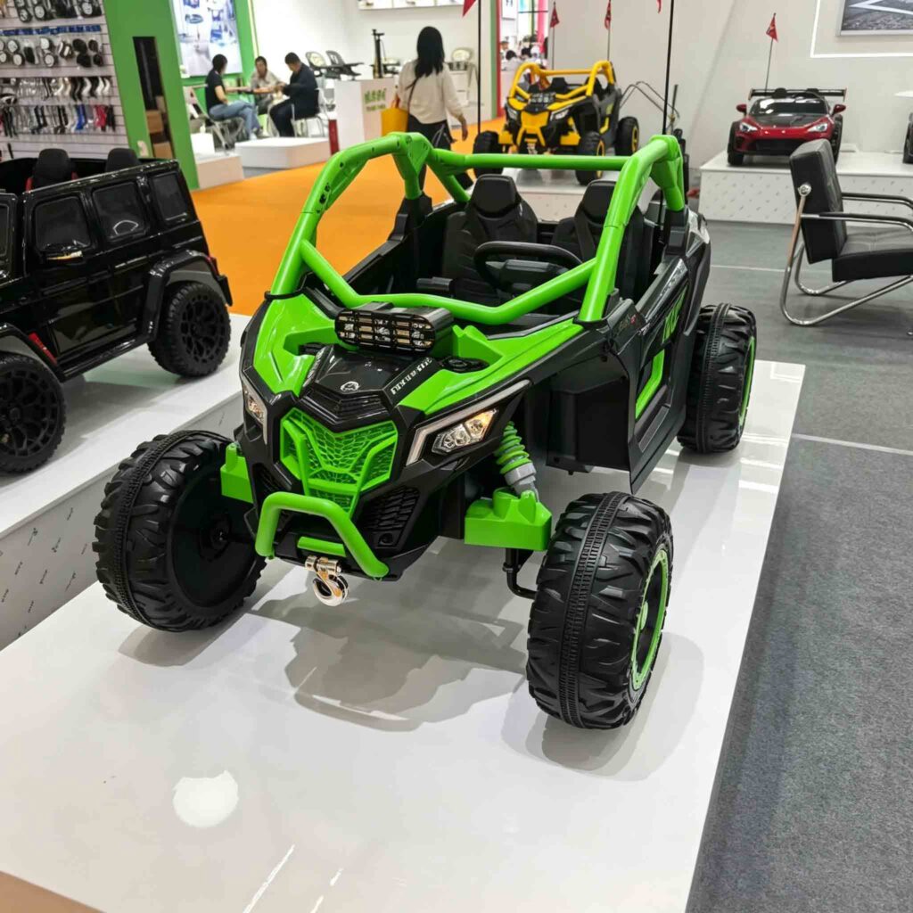Green children ride on UTV off-road vehicle