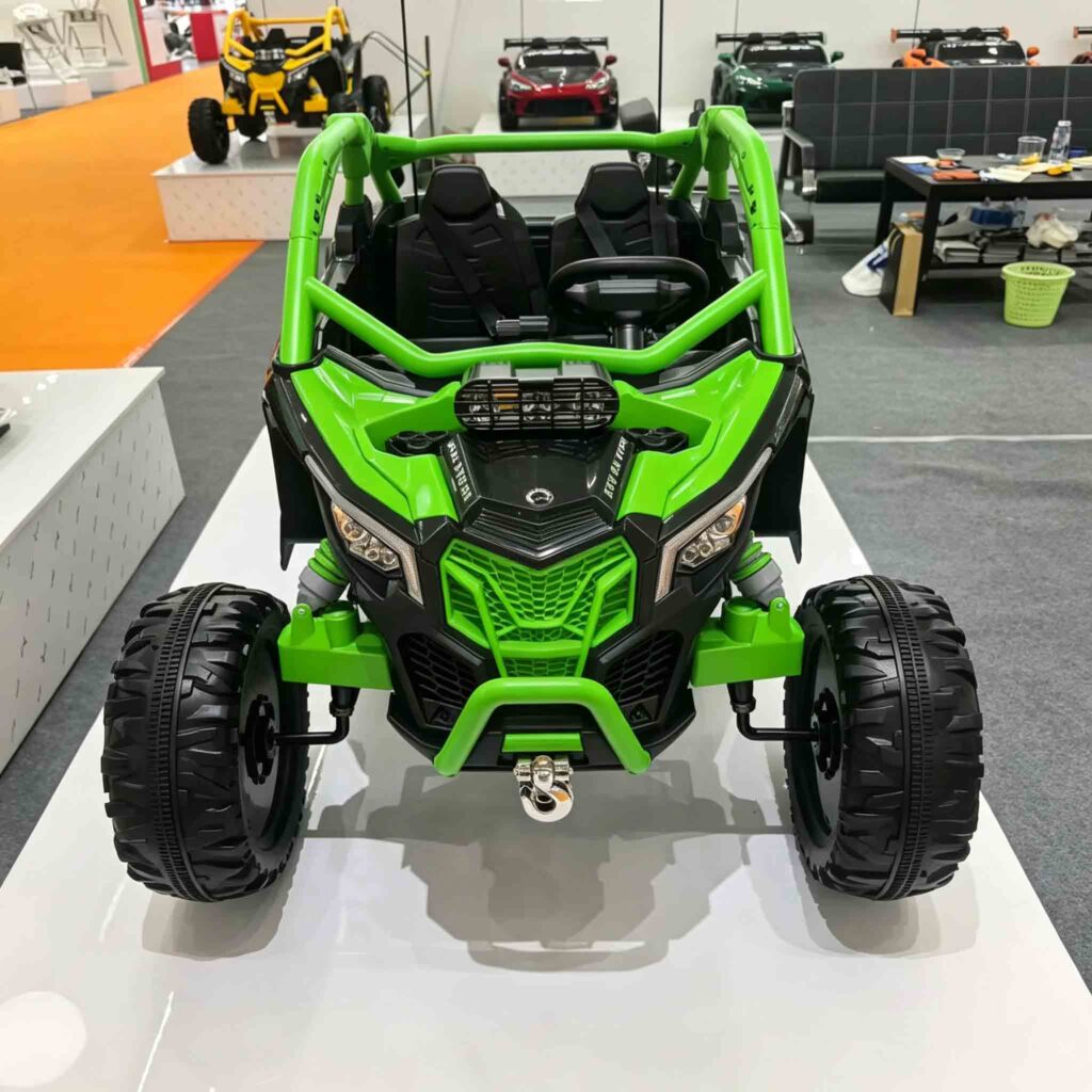 Green children ride on UTV off-road vehicle