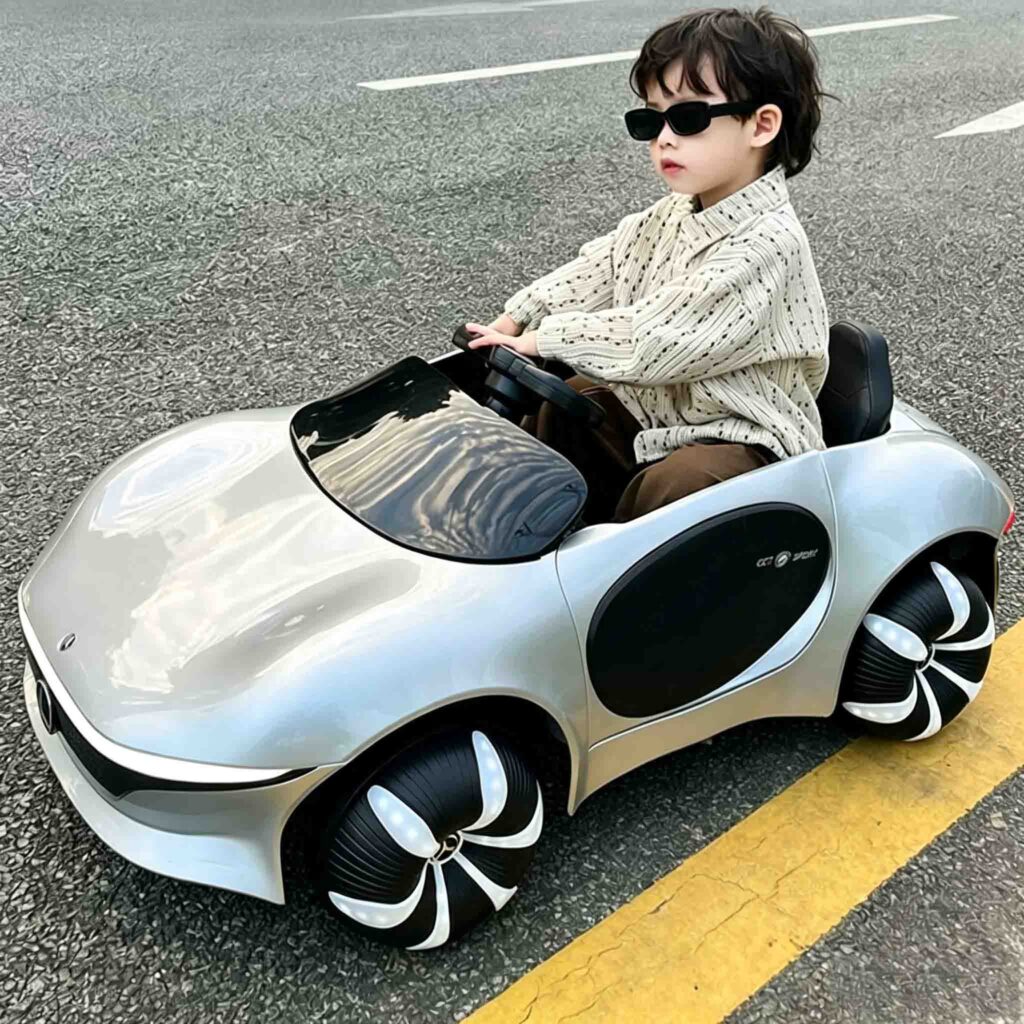 8808 silver kids electric car, child driving toy car outdoors