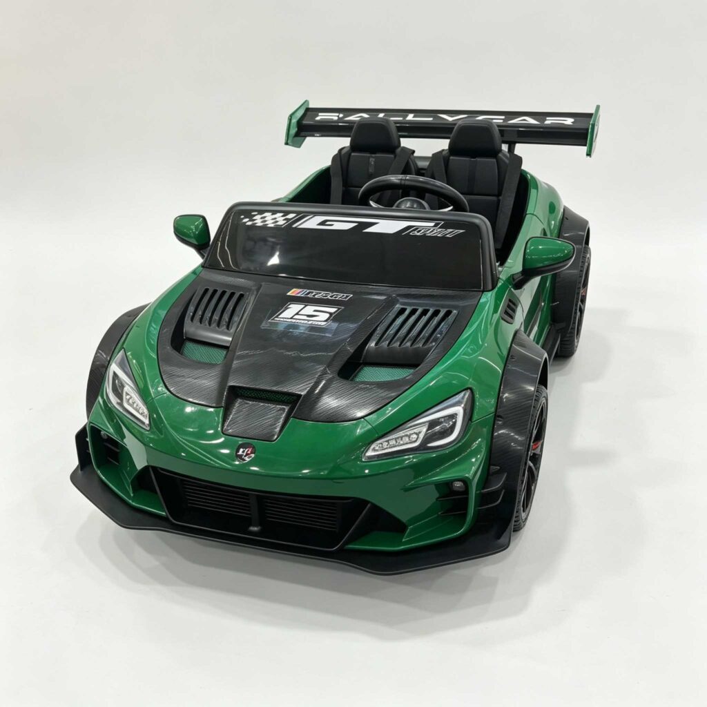 Green racing toy car with big rear spoiler